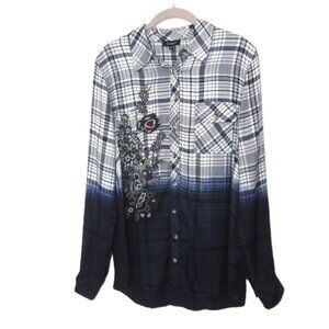 Tolani Size M Navy Blue White Embroidered Plaid Ombre Button Up Top Shirt Blouse